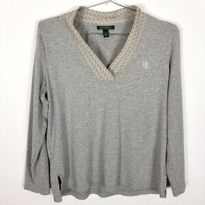 Lauren Ralph Lauren Women Pullover Long Sleeve Top Sz L Gray Logo Casual